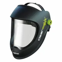 This welding faceshield features a clear nylon visor with anti-fog and scratch-resistant properties, providing protection against sparks, splatter, and debris during welding and grinding. The visor measures 8 inches in both height and width, and the headgear is black. Suitable for industrial environments where face protection is required