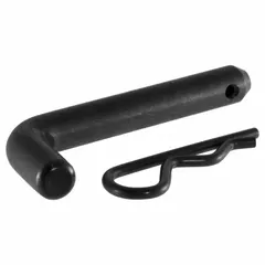 Steel hitch pin with zinc-plated finish, 5/8 in diameter and 5-7/8 in overall length. Includes a hitch clip. Suitable for securing a trailer coupler to a 2 in hitch receiver on trucks and SUVs for towing applications.