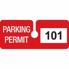 Vinyl parking hanger in red, with a 2 in card height and 4 3/4 in overall width. Supplied in a pack of 100. Used for vehicle identification and access control in parking areas.