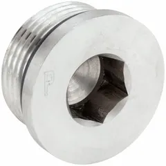 This 1 1/2 in male threaded plug is constructed from 316 stainless steel and rated for 3,000 psi. It is used to seal high-pressure pipe systems in industrial applications such as hydraulic, pneumatic, and fluid handling systems. The plug has a length of 25/32 in.