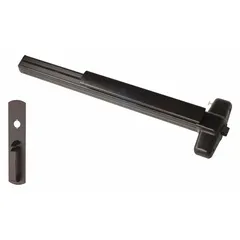 This rim-type exit device features a touchbar style and a bronze finish, with a thumbpiece pull outside trim. Designed for doors up to 3 ft wide, it is ADA compliant for commercial egress applications.