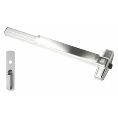 Rim-type exit device with touchbar style, designed for doors up to 3 ft wide. Chrome finish with thumbpiece pull outside trim. ADA compliant for commercial egress applications.