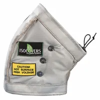 This 45° elbow jacket is constructed with silicone-coated fiberglass cloth and fiberglass/mineral wool insulation in gray. It features a quick-release fabric flap and wiretwists for secure fastening. Designed for pipe circumferences from 25 to 31 inches, it provides thermal insulation for piping systems