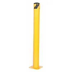 This bolt-on standard bollard is constructed from carbon steel with a yellow finish. It has a 42-inch install height and a 4 1/2-inch diameter. The assembly includes the bollard body and mounting plate. Typically used to protect building perimeters, equipment, and pedestrian areas from vehicle impact in industrial and commercial settings.