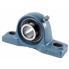 Cast iron pillow block ball bearing with set screws for shaft retention. 20 mm bore, 33.3 mm shaft height, 127 mm overall length. Metric mounting with M10 bolt size. Meets AFBMA standards. Supports rotating shafts in conveyors, fans, and pumps.