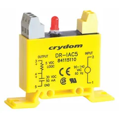 The CRYDOM DR-IAC5 is a relay input module with 5 pins, accepting 90 to 140V AC/DC input voltage. It is designed for mounting on DIN rails or surfaces, used to interface control signals in industrial automation systems.