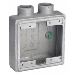 Rectangular aluminum weatherproof electrical box with 32 cu in capacity, 2 gangs, and 3/4 in hub. Gray finish. Suitable for outdoor or wet-location junction and pull-box applications, providing protection for wiring against moisture and corrosion.