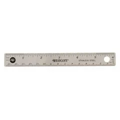 6-inch stainless steel ruler with etched graduation marks in 1/16-inch and 1 mm increments, plus decimal markings. Flexible clear black body, 0.05 inches thick. Used for precision measuring in drafting, machining, and inspection tasks.