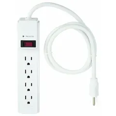 White surge protector with 4 outlets, 4 ft cord, 1050 J energy rating, and 15 A current. Keyhole mounting allows wall or surface installation. Suitable for protecting electronics in workbenches, labs, and light industrial settings.