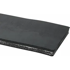 This heavy-duty multi-ply conveyor belting is 8 inches wide and 13/32 inch thick, designed for bolt-hinge lacing. It is supplied cut to length with a 15-foot minimum order. Suitable for material handling applications requiring robust belt construction.