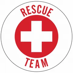 Non-reflective vinyl label for hard hats, 2-inch diameter, circle shape, printed in English. Supplied as a pack of 4. Used to identify rescue team personnel on hard hats in industrial facilities for emergency response.