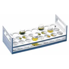 This white polypropylene vial rack from SP SCIENCEWARE provides 24 places for benchtop storage of vials in laboratory environments. The rack measures 11 3/4 inches long by 3 3/4 inches high, offering a compact footprint for organizing samples.