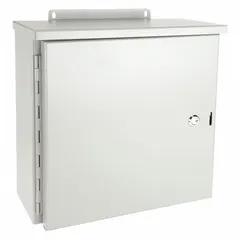 This painted steel enclosure measures 16 x 16 x 6 inches and features a solid hinged cover secured by a 1/4-turn latch. Rated NEMA 3R, it is suitable for indoor or outdoor use to protect electrical components from rain, sleet, and dirt. Knockouts are not included.
