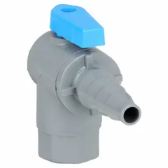 This manual two-way ball valve features a PVC angle body with 3/8 in FNPT x barb connections and a full port ball port. It is used for on/off flow control in low-pressure water, air, and chemical lines, suitable for plumbing, irrigation, and fluid-handling systems requiring corrosion resistance.