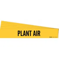 Yellow adhesive pipe marker with black 'Plant Air' legend, designed for pipes with outer diameter 8 inches and larger. Each pack contains 5 markers without directional arrows. Used to identify plant air lines in industrial piping systems