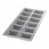 This mini-loaf pan from CHICAGO METALLIC is made of silver aluminized steel and features 12 slots for baking individual mini loaves. With an overall width of 9 7/8 inches and depth of 1 3/8 inches, it is suited for portion-controlled baking in commercial or high-volume kitchens. The aluminized steel construction provides even heat distribution for consistent results