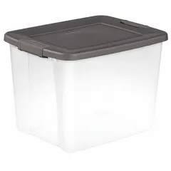 This 12.5-gallon storage tote features a clear plastic body for quick visual identification of contents and a gray latch-on lid that secures items during transport or storage. Measuring 19 7/8 x 15 1/2 x 14 3/4 inches, it is suitable for organizing household, industrial, or warehouse items.