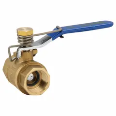 This brass ball valve features a straight body with FNPT x FNPT connections and a full port ball port for minimal pressure drop. The spring-return lever handle automatically returns the valve to the closed position when released, providing fail-safe shutoff. Suitable for manual on/off flow control in industrial piping systems.