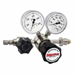 Single-stage regulator for high-purity air and inert gases. Features a stainless steel diaphragm to minimize contamination. Inlet: CGA 590; outlet: 1/4" tube; maximum outlet pressure: 25 psig. Suitable for gas handling systems requiring clean, stable pressure control.