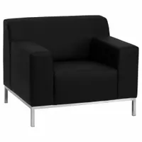 This accent chair features a faux leather back, seat, and overall construction in gray with exposed embellished stitching. It includes four casters/glides for mobility. Suitable for seating in commercial or residential settings such as lobbies, offices, or reception areas