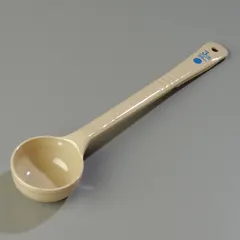 Solid polycarbonate portion control spoon with a 3 oz capacity, designed for consistent serving sizes in commercial foodservice. Long handle facilitates use in deep containers. NSF certified for sanitation compliance. Color: beige/blue.
