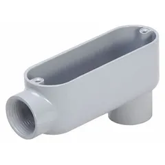 This LB-style 90° elbow conduit outlet body is made of powder-coated aluminum with a 1-1/2 in trade size and a 30.8 cu in body capacity. It provides a pull point or junction in conduit runs, supporting threaded IMC connections for wire management in electrical systems.