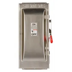 This Siemens fusible safety switch is rated for 100 A, three-phase, 600V AC. It features a 304 stainless steel enclosure suitable for indoor and outdoor use. The switch provides a visible disconnect for maintenance and emergency shutdown in industrial electrical systems.