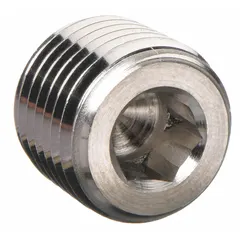 316 stainless steel hex drive cored plug with 1/4 in NPT threads. Length 15/32 in, maximum operating pressure 7,500 psi. Used to seal ports in extreme-pressure instrumentation pipe fittings for hydraulic, pneumatic, and process control systems.