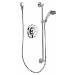 Brass shower faucet with chrome finish, including both fixed and handheld showerheads. Fixed showerhead flow rate is 2.5 gpm. Suitable for commercial and residential shower installations.