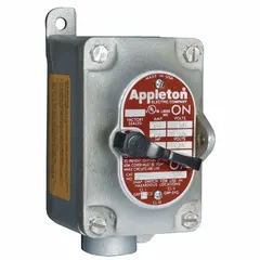 This enclosed manual motor switch is designed for hazardous locations, featuring a factory-sealed, dead-end construction. It has 2 poles, a 30 A rating, and a 0.5 in hub diameter. Typical applications include controlling power to motors in environments where flammable gases or combustible dusts may be present.