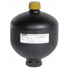 Uncharged diaphragm accumulator with 45 cu in fluid volume, Hydrin bladder, and SAE #8 port. Maximum flow 26 gpm. Used in hydraulic systems for energy storage, pulsation dampening, and shock absorption.