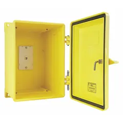 This yellow plastic surface-mount enclosure is rated NEMA 4X and corrosion resistant. It features a modular jack and spring door return, designed for use with wall telephones in outdoor or harsh environments where weatherproofing is required.