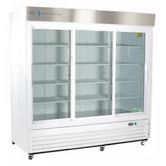 Upright lab refrigerator with 69 cu ft capacity, white exterior, and sliding glass door. Maintains temperature range of 1°C to 10°C using R-290 refrigerant. Includes temperature alarm. Overall depth 33 1/4 in. Suitable for storage of temperature-sensitive materials in laboratory environments.
