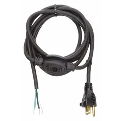 This 10-foot power cord features an integrated on/off switch for convenient control of connected equipment. It is rated for 125V AC and includes a 5-15P plug and a bare wire receptacle. The cord has an SJ rubber jacket, suitable for general-purpose power connections in industrial or commercial environments.