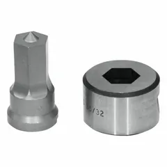 Hex punch and die set for producing 3/4 in hex-shaped holes in metal. Compatible with 55 ton, 65 ton, 100 ton, and 120 ton ironworker sizes. Used in structural steel fabrication and general metalworking for creating hex openings in flat stock.