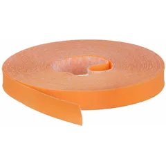 Cut-to-length hook-and-loop cable tie roll, 30 ft long and 2 in wide, made of orange polyester with a 70 lb tensile strength. Used for bundling and organizing cables in industrial, data center, and AV installations. Provides secure, reusable fastening for cable bundles without damaging insulation.