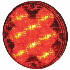 Red LED perimeter warning light for 12V DC vehicles. Round shape with screw mount and included mounting gasket. Electrical connection via blunt cut wires. Single flash pattern for clear visibility in fleet and vehicle perimeter warning applications.