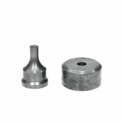 Round punching die set for ironworker machines, featuring a 13/32 in punch and 7/16 in die with a 13/32 in die size and 4 in overall length. Used for creating clean holes in metal during structural fabrication and general metalworking operations.