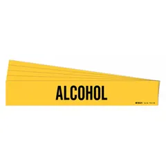 Yellow adhesive pipe marker with black legend reading 'Alcohol' for pipes 8 inches and larger outer diameter. Pack of 5 markers without directional arrows. Used to identify alcohol piping in industrial facilities.