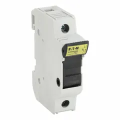 Single-pole UL Class CC fuse block rated 600 V AC. Features DIN rail mounting and box lug termination. Accepts Class CC fuses for branch circuit protection in industrial control panels and distribution equipment.