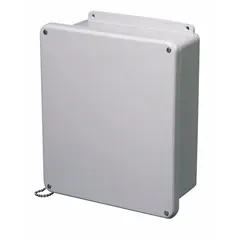 This fiberglass submersible enclosure measures 8 in x 8 in x 4 in with a solid cover secured by screws. It is rated NEMA 1, 12, 3R, 4X, and 6P, making it suitable for protecting electrical components in wet, corrosive, or outdoor environments. Knockouts are not included.