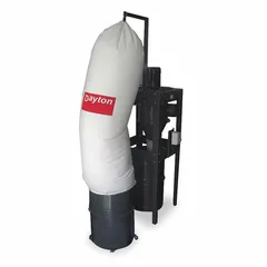 Central cyclone-style wood dust collector for industrial dust collection. Operates at 230V AC with 2,600 cfm airflow. Features a drum collection system and produces a sound level of 83 dBA. Captures wood chips, sawdust, and airborne particles from machining and woodworking operations.