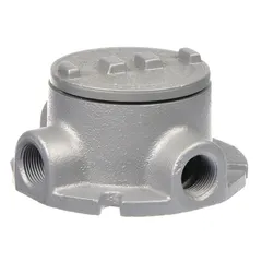 Iron T-style conduit outlet body with triple coat epoxy coating. Threaded female hubs, flat back, 18 cu in capacity. Includes cover. For use with threaded IMC in hazardous locations. CSA C22.2 No. 25 listed.
