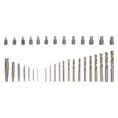 This 35-piece set includes Multi-Spline and Spiral Flute extractors covering sizes #3, M2.5 to M22, and 1/8 in to 7/8 in, plus a 13/32 in drill bit. Designed for removing damaged, stripped, or broken screws and bolts in automotive, machinery, and general maintenance applications.