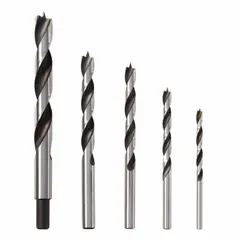 Brad-point drill bit set designed for precise, clean holes in wood, plywood, and composites. The brad-point tip prevents walking and reduces splintering, suitable for cabinetmaking, furniture assembly, and finish carpentry.