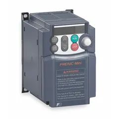 Three-phase output VFD rated 5 hp with 380-480V AC output. Heat sink style enclosure in black/blue/gray. No bypass. Used for speed control of three-phase motors in applications such as conveyors, pumps, and fans.