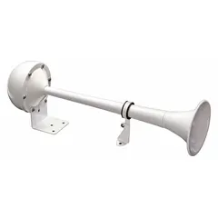 Electric-powered horn operating on 12V DC, producing a low tone with a maximum sound level of 115 dB. Finished in white enamel and includes rubber gaskets for installation. Designed for use on boats as a warning or signaling device.