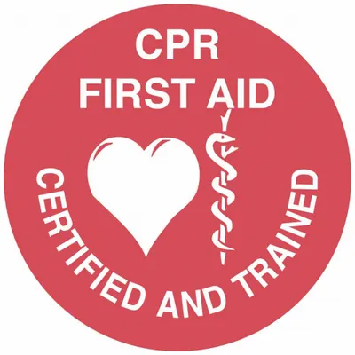 BRADY Hard Hat Label: CPR First Aid Certified & Trained, 2 in Dia, English, Non-Reflective - Safety