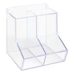 Wall-mounted bulk bin made of clear PETG for organizing miscellaneous lab supplies. Features two compartments for sorting small items. Overall dimensions: 9 in height, 8 3/4 in length. Transparent construction allows easy visibility of contents.