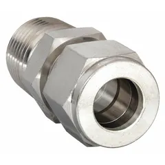 This PARKER double-ferrule stainless steel fitting connects 1/2 in OD tubing to a 1/2 in male NPT threaded port. It is used in instrumentation, hydraulic, and process systems requiring leak-free sealing. Compatible with Parker A-LOK fittings.